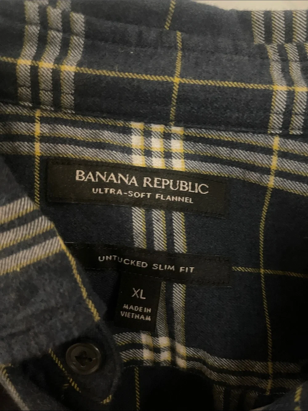 Banana Republic Navy Plaid Button-Down Flannel Shirt with White & Yellow Lines